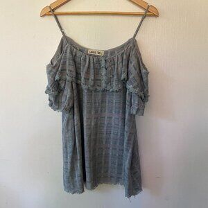 Leibl 38 Blouse Women's Medium Blue Off the Shoulder Ruffle Neck Textured